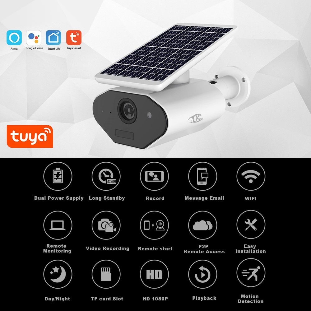 Tuya APP Remote Control Night Vision HD 1080P IP66 Smart WI-FI Solar Power Supply Outdoor Camera