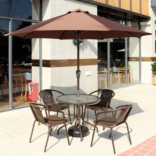 Promotion Cheap Wholesale 6pcs Set Imitation Rattan Metal Outdoor Furniture with Umbrella for Coffee Shop / Garden / Hotel / Restaurant from China Furniture Factory