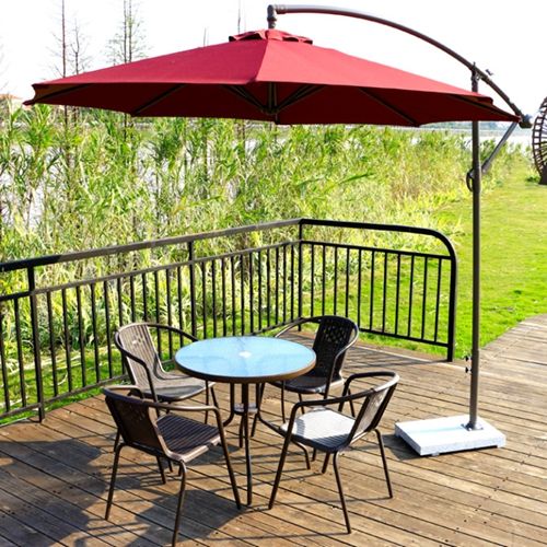 Promotion Cheap Wholesale 6pcs Set Imitation Rattan Metal Outdoor Furniture with Umbrella for Coffee Shop / Garden / Hotel / Restaurant from China Furniture Factory