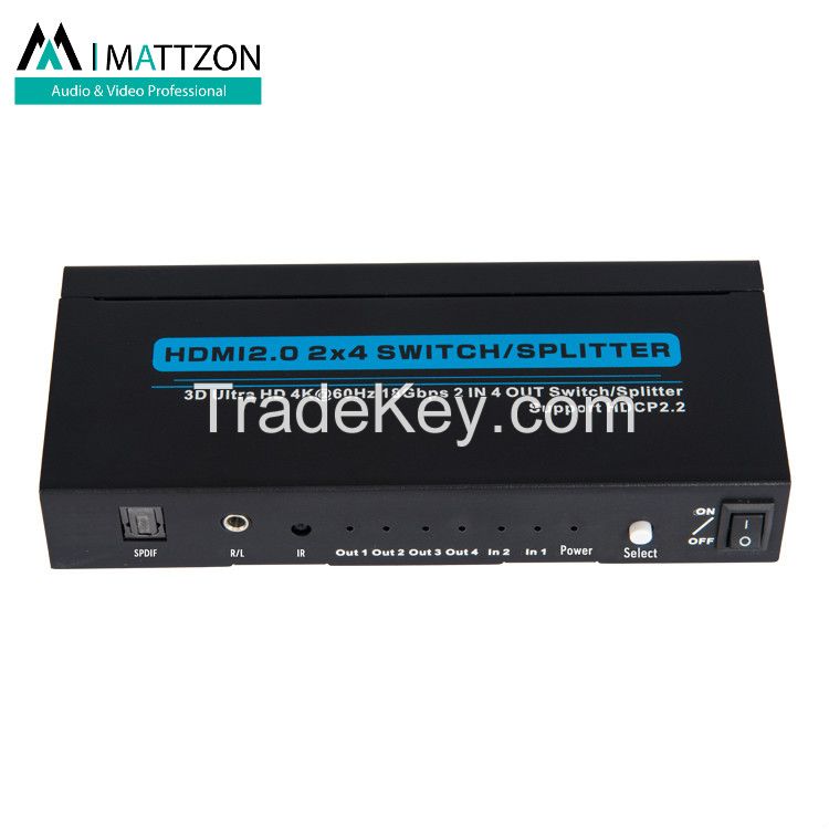 Mattzon V2.0,2x4 hdmi splitter switcher matrix, 4k 60hz, HDCP2.2, 2 ports in 4 ports out,3D,HDR