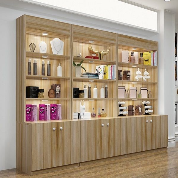 Customized wooden cosmetic display cabinets for retail makeup shop