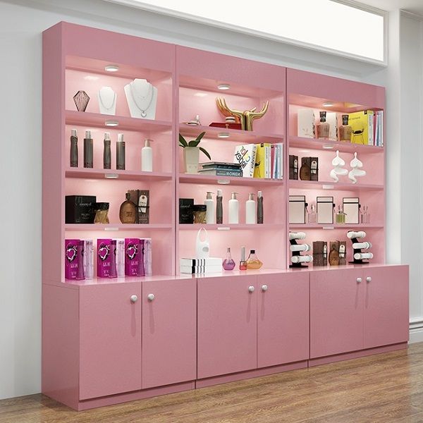 Customized wooden cosmetic display cabinets for retail makeup shop