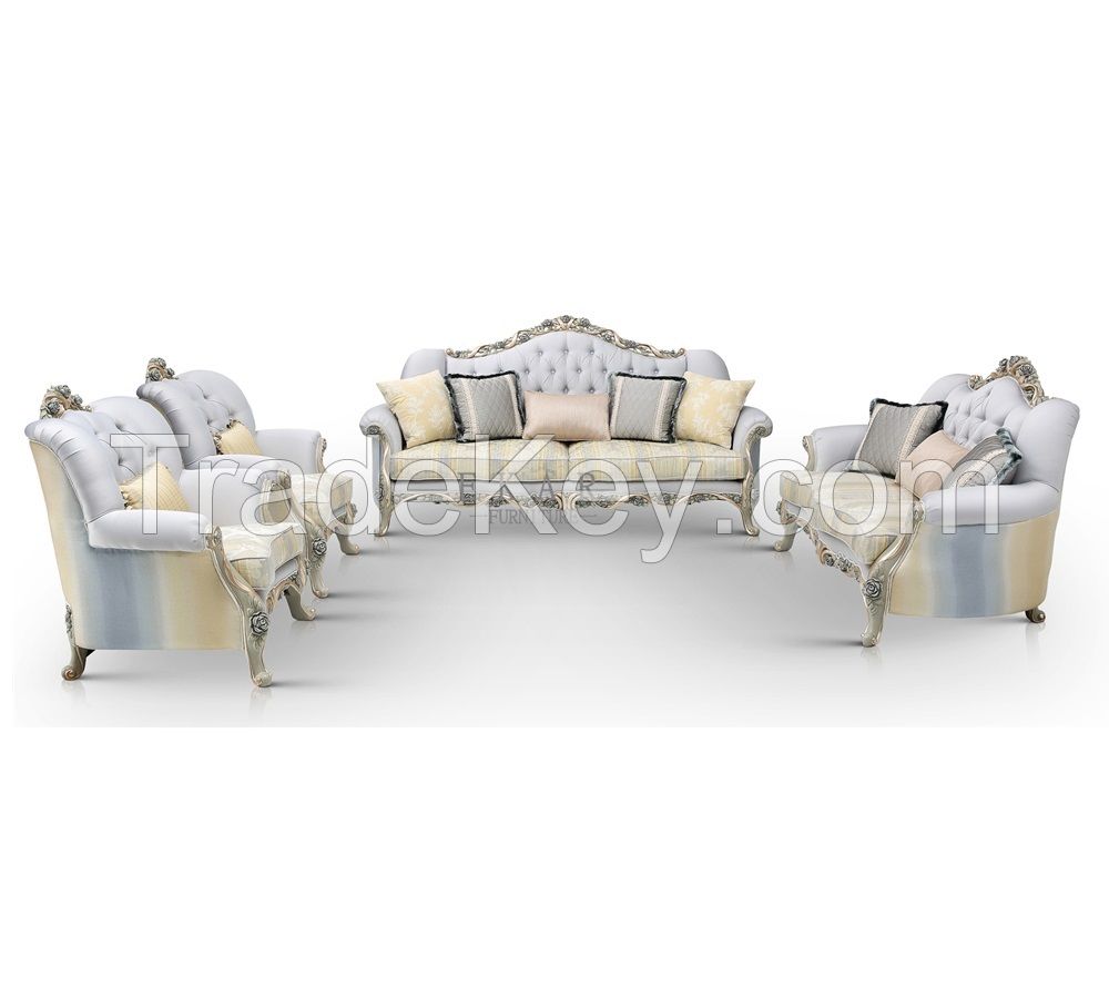 Carved Loveseat graceful fabric Sofa sets with Antique Silver Finish