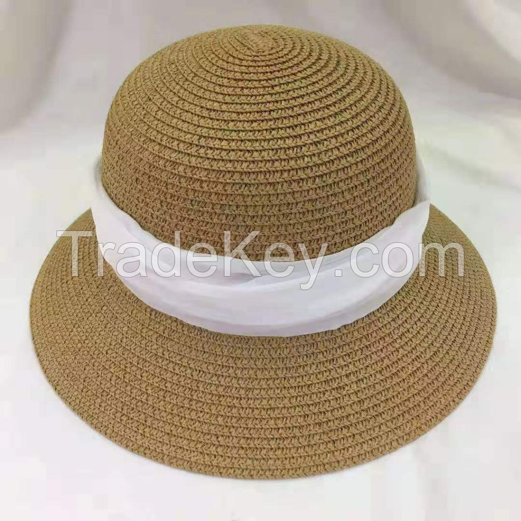 wholeseller fashion lady plain straw sun hats with ribons, trend women beach hat, elegant paper bucket hat, recycle customized fashion accessories