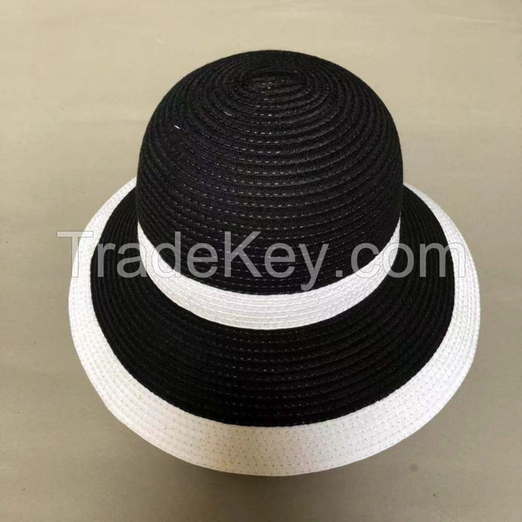 wholeseller fashion lady striped straw sun hats, trend women beach hat, elegant paper bucket hat, recycle customized fashion accessories