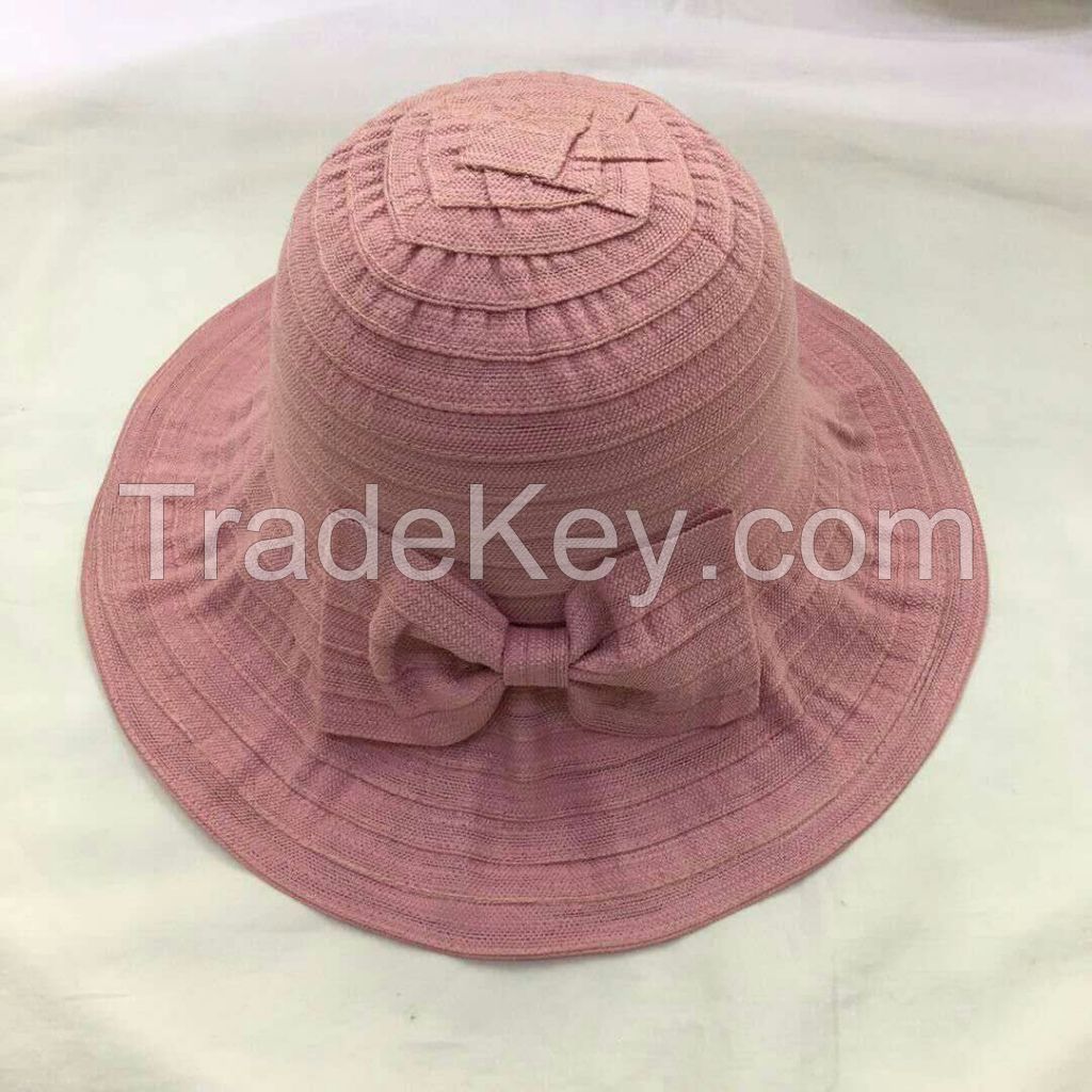 wholeseller fashion plain lady bucket sun hats with bowknot, trend women UV cut beach hat, elegant cotton hat, cheap customized fashion accessories