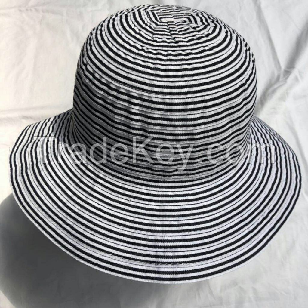 wholeseller fashion striped lady bucket sun hats with bowknot, trend women UV cut beach hat, elegant cotton hat, cheap customized fashion accessories