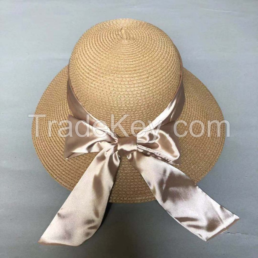 wholeseller fashion lady straw sun hats with silk bowknot, trend women floppy beach hat, elegant paper hat, recycle customized fashion accessories