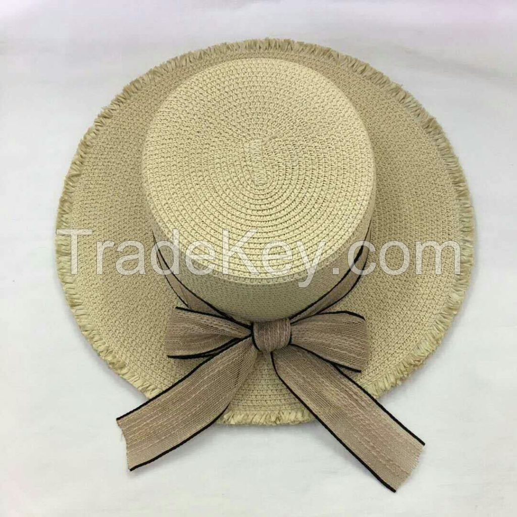 wholeseller fashion off-white lady straw sun hats with bowknot, trend women boater beach hat, elegant paper hat, recycle customized fashion accessories