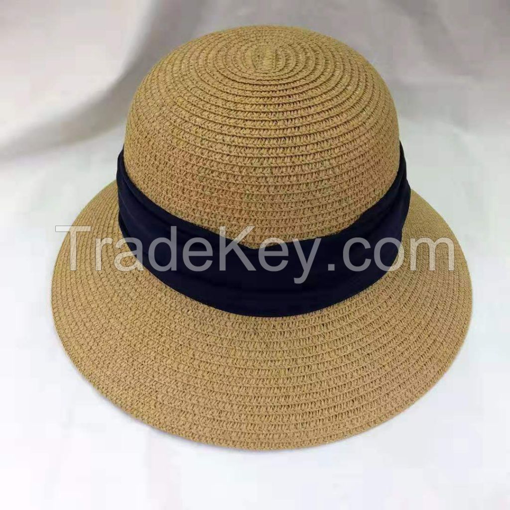 wholeseller fashion lady plain straw sun hats with ribons, trend women beach hat, elegant paper bucket hat, recycle customized fashion accessories