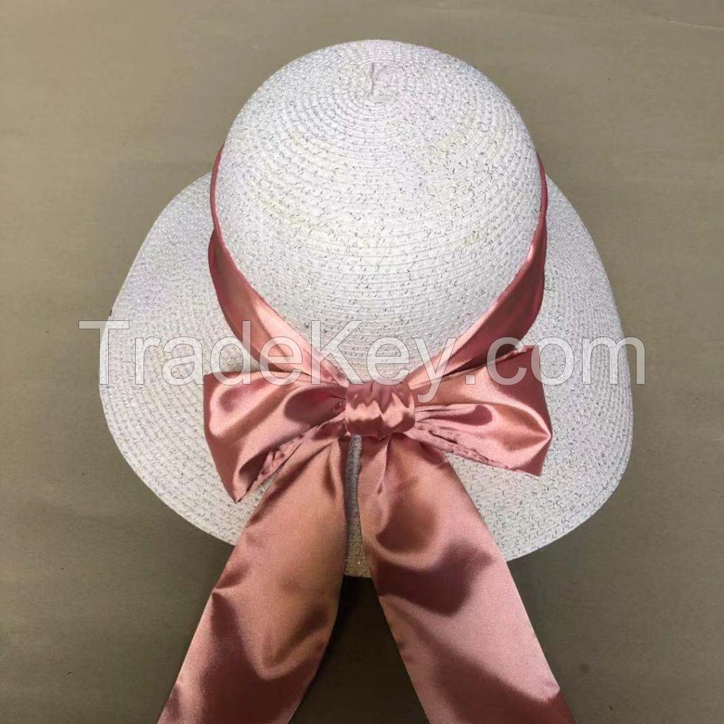 wholeseller fashion lady straw sun hats with silk bowknot, trend women floppy beach hat, elegant paper hat, recycle customized fashion accessories