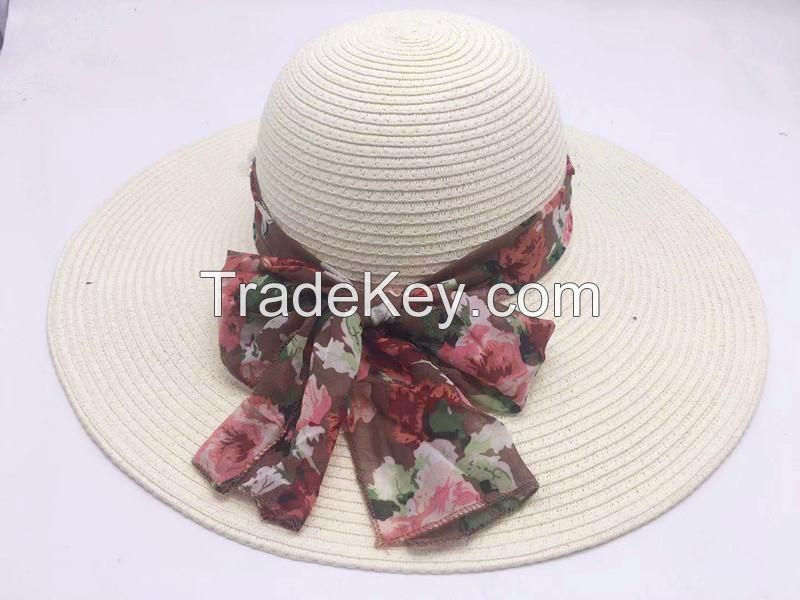 wholeseller fashion lady straw sun hats with silk ribbons, trend cheap women floppy beach hat, elegant paper hat, recycle customized fashion accessories