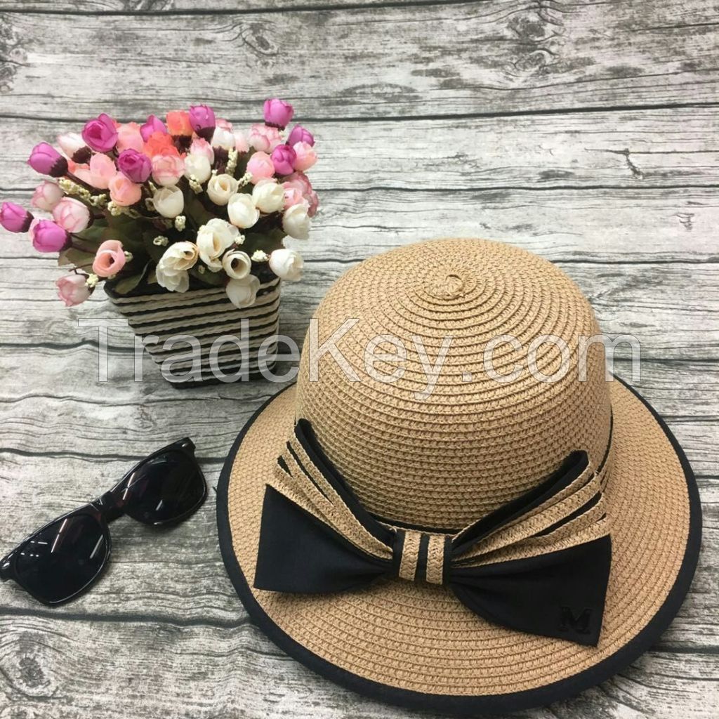 wholeseller fashion lady light pink plain straw sun hats with big bowknot, trend women beach hat, elegant paper bucket hat, recycle customized fashion accessories