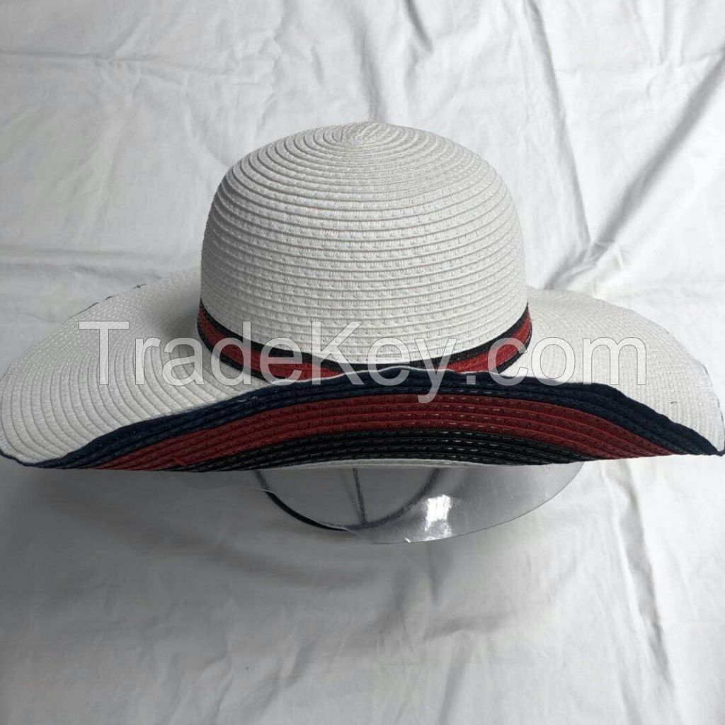 wholeseller fashion lady white stripped straw sun hats, trend cheap women floppy beach hat, elegant paper hat, recycle customized fashion accessories