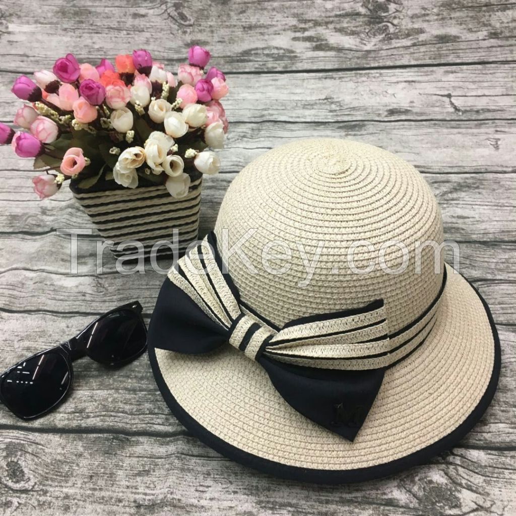 wholeseller fashion lady light pink plain straw sun hats with big bowknot, trend women beach hat, elegant paper bucket hat, recycle customized fashion accessories