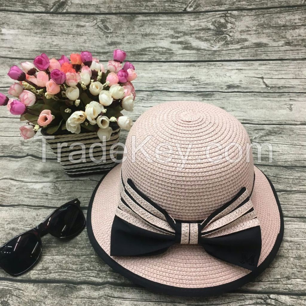 wholeseller fashion lady light pink plain straw sun hats with big bowknot, trend women beach hat, elegant paper bucket hat, recycle customized fashion accessories