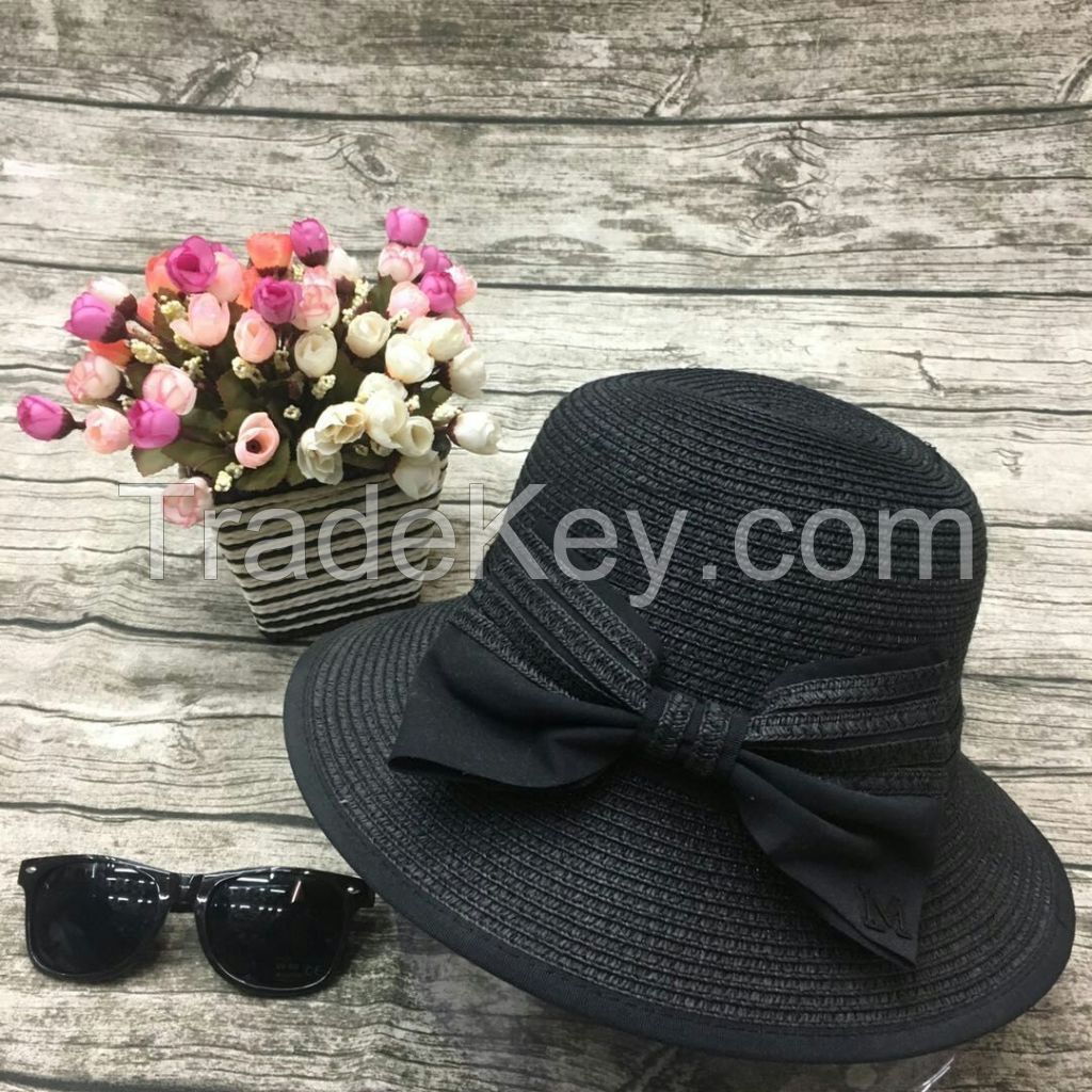 wholeseller fashion lady light pink plain straw sun hats with big bowknot, trend women beach hat, elegant paper bucket hat, recycle customized fashion accessories