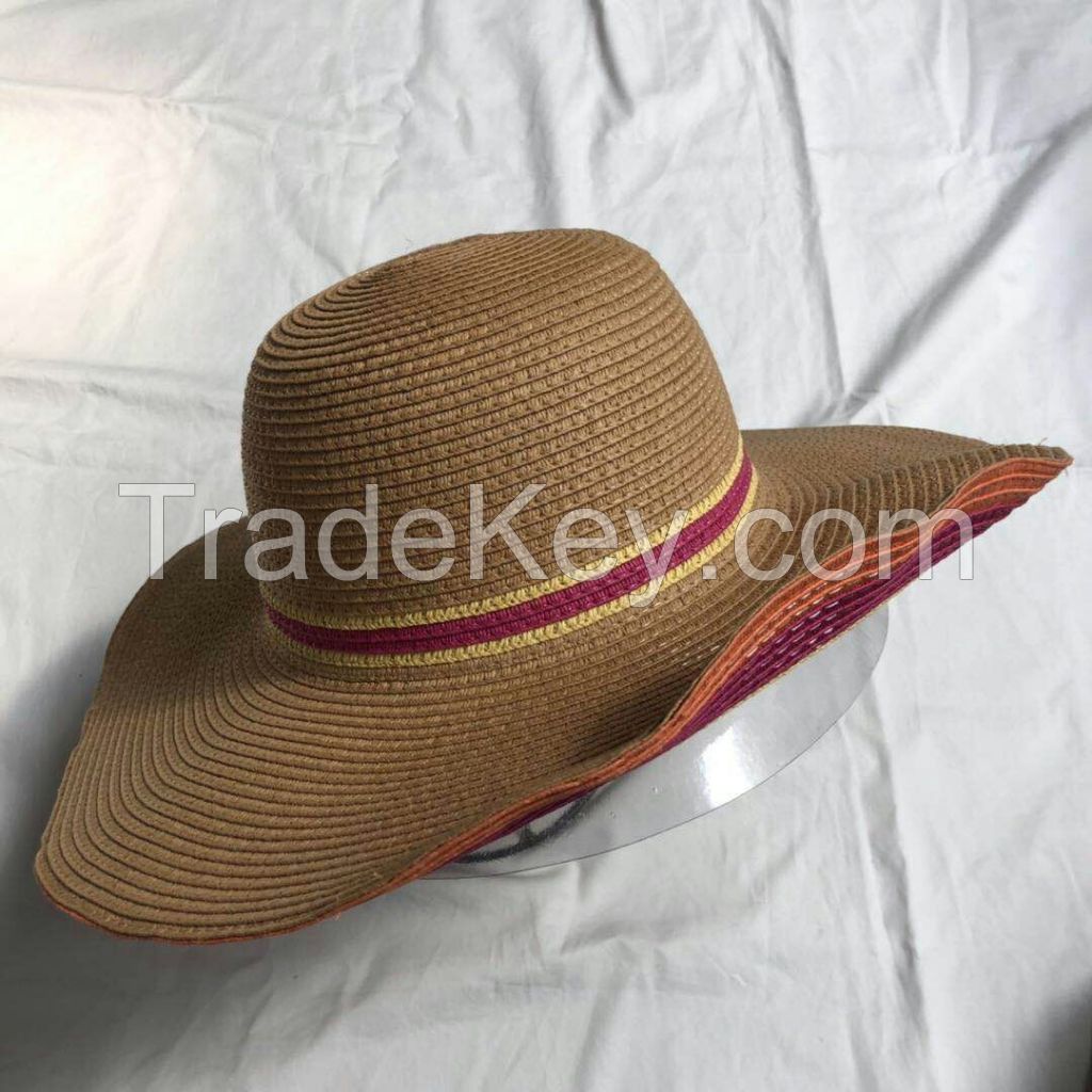 wholeseller fashion lady white stripped straw sun hats, trend cheap women floppy beach hat, elegant paper hat, recycle customized fashion accessories