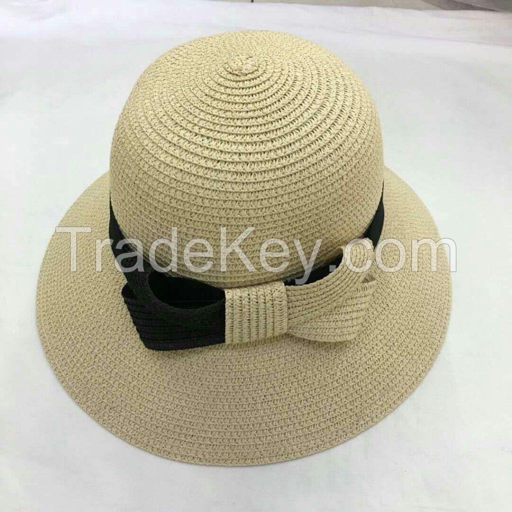 wholeseller fashion lady plain straw sun hats with big bowknot, trend women beach hat, elegant paper bucket hat, recycle customized fashion accessories