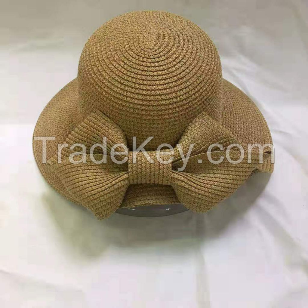 wholeseller fashion lady brown plain straw sun hats with big bowknot, trend women beach hat, elegant paper bucket hat, recycle customized fashion accessories