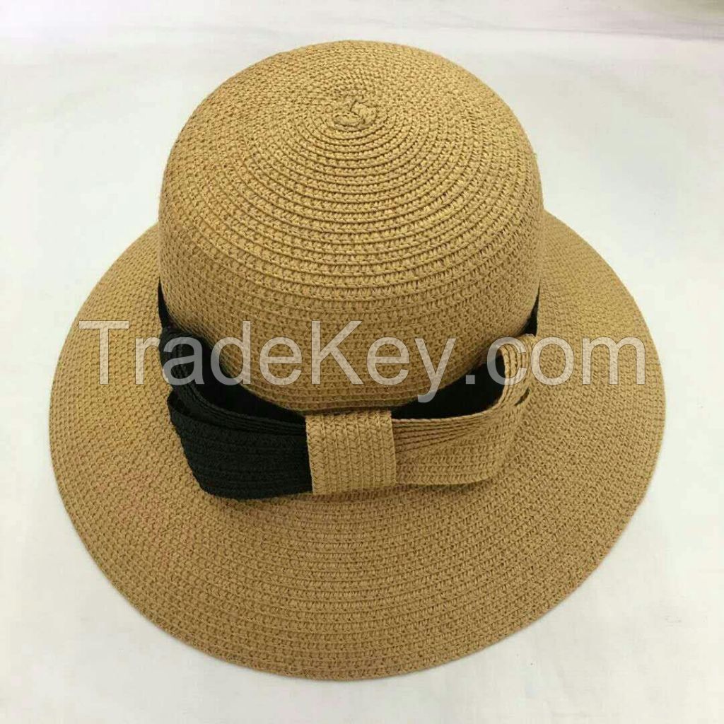 wholeseller fashion lady plain straw sun hats with big bowknot, trend women beach hat, elegant paper bucket hat, recycle customized fashion accessories