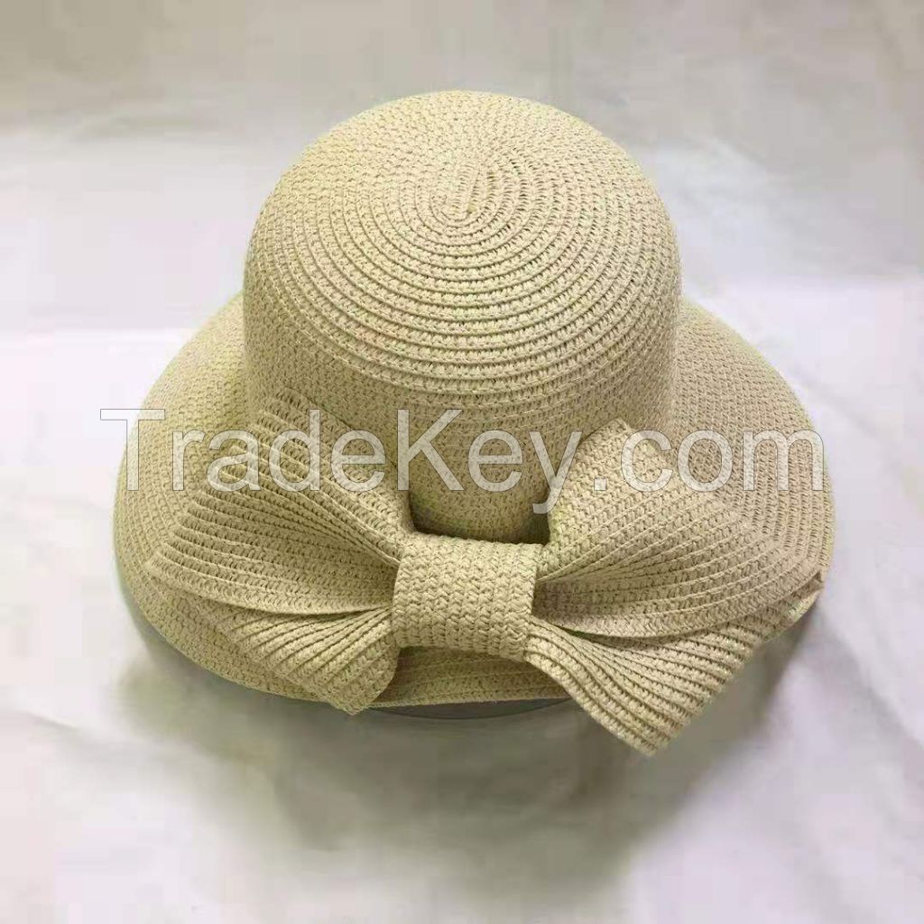 wholeseller fashion lady brown plain straw sun hats with big bowknot, trend women beach hat, elegant paper bucket hat, recycle customized fashion accessories