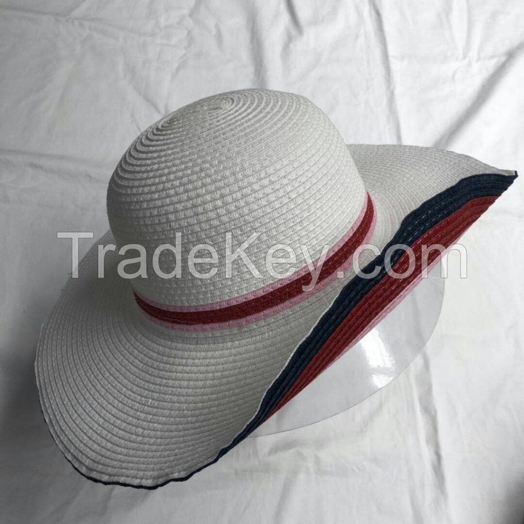 wholeseller fashion lady white stripped straw sun hats, trend cheap women floppy beach hat, elegant paper hat, recycle customized fashion accessories