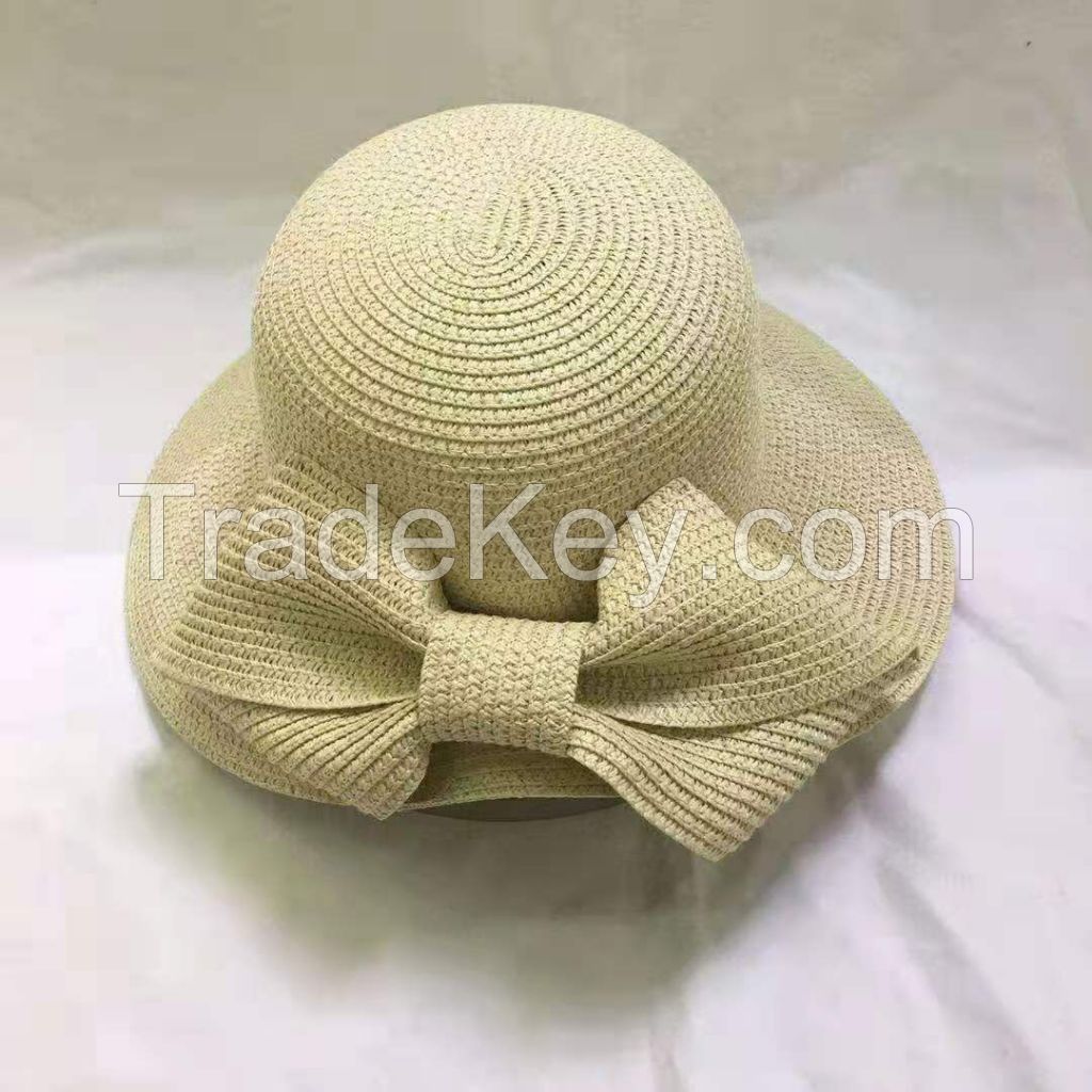 wholeseller fashion lady brown plain straw sun hats with big bowknot, trend women beach hat, elegant paper bucket hat, recycle customized fashion accessories