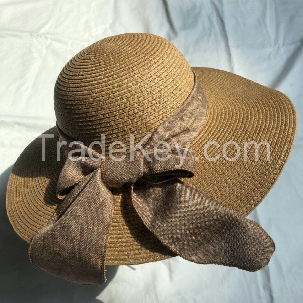 wholeseller fashion lady straw brown sun hats with silk ribbons, trend cheap women floppy beach hat, elegant paper hat, recycle customized fashion accessories