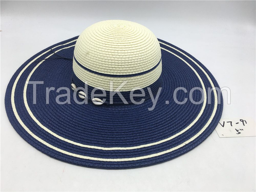 wholeseller fashion lady brown striped straw sun hats with beads, trend women beach hat, elegant paper bucket hat, recycle customized fashion accessories