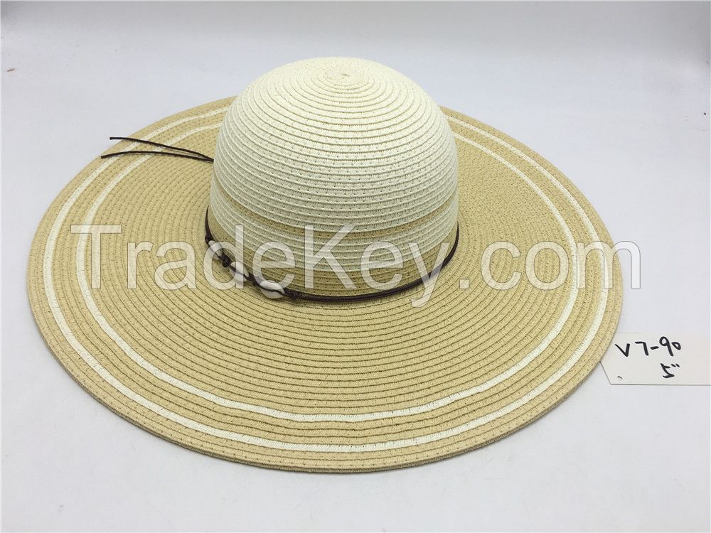 wholeseller fashion lady brown striped straw sun hats with beads, trend women beach hat, elegant paper bucket hat, recycle customized fashion accessories