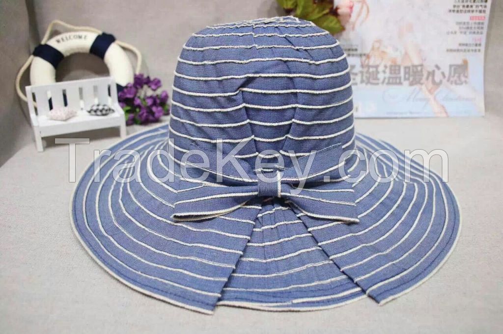 wholeseller fashion striped sky blue bucket sun hats with bowknot, trend women UV cut beach hat, elegant cotton hat, cheap customized fashion accessories