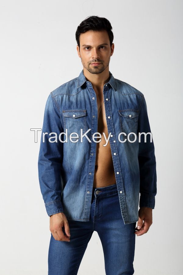 Men's middle blue slim denim shirt with two pocket