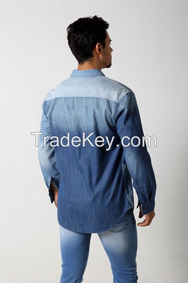 Men's double colors denim shirt with single pocket