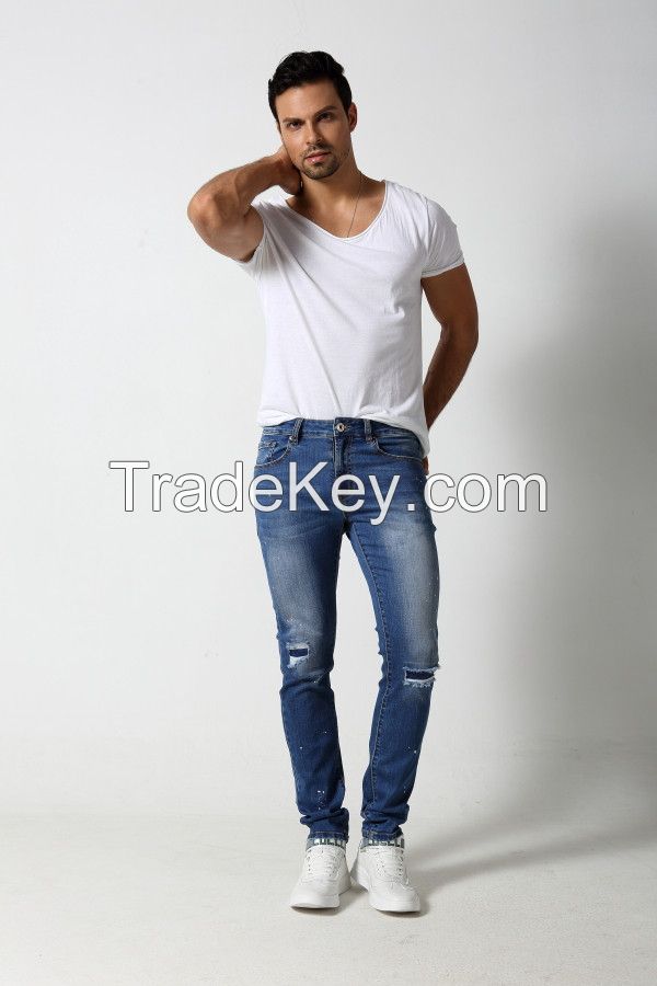 Men's Slim denim jeans with distressed and patches