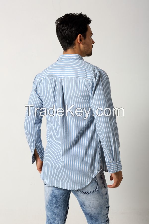 Men's tencel stripes shirt with single pocket