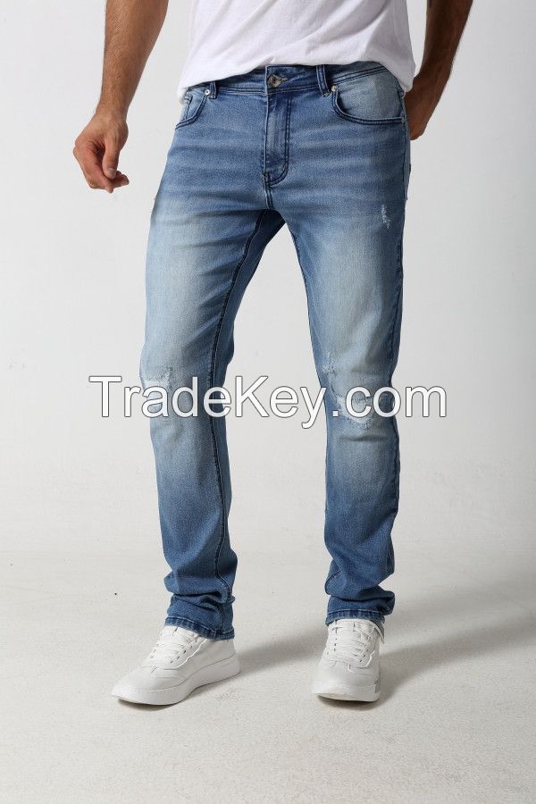 Men'straight slim denim jeans with distressed and nice stitches