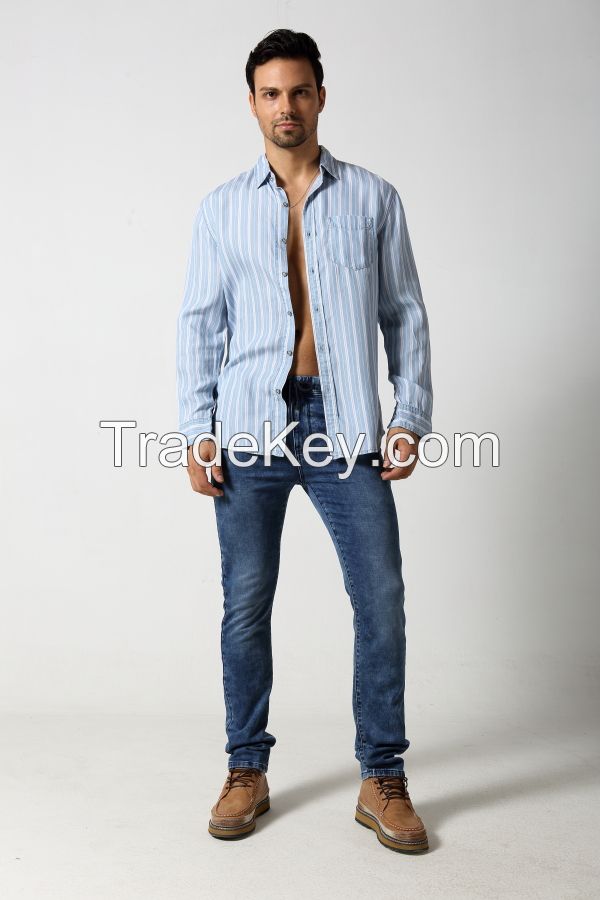 Men's cotton stripes shirt with single pocket