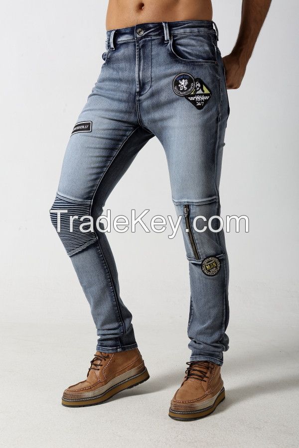 Men's Skinny biker jeans with zipper and patches