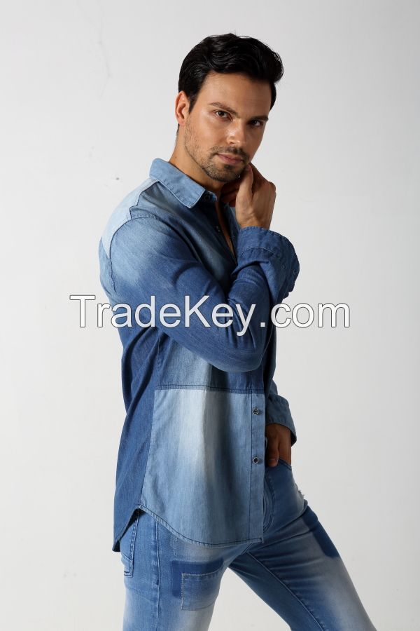 Men's double colors denim shirt with single pocket