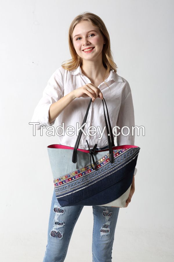 Joint-stitching patches denim handbag with shine