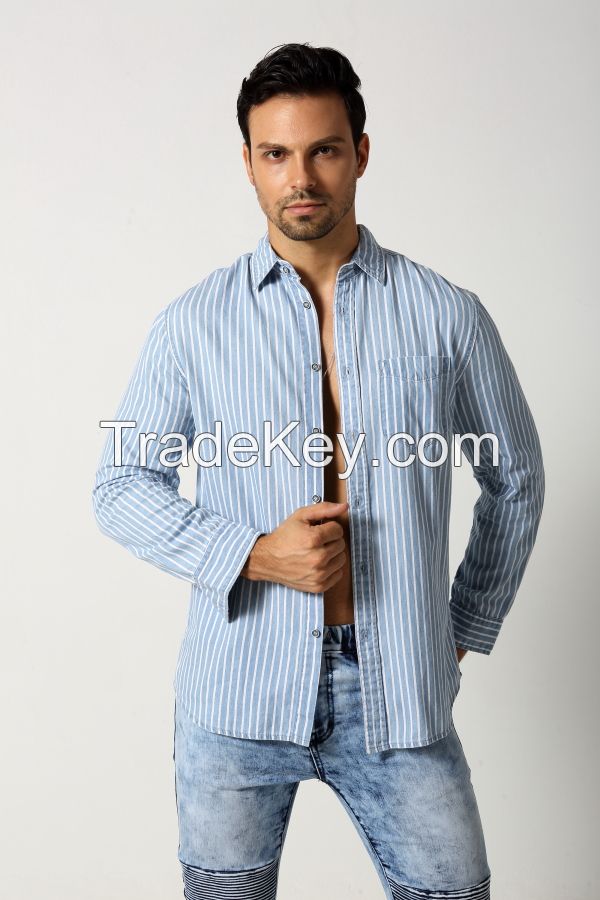 Men's tencel stripes shirt with single pocket