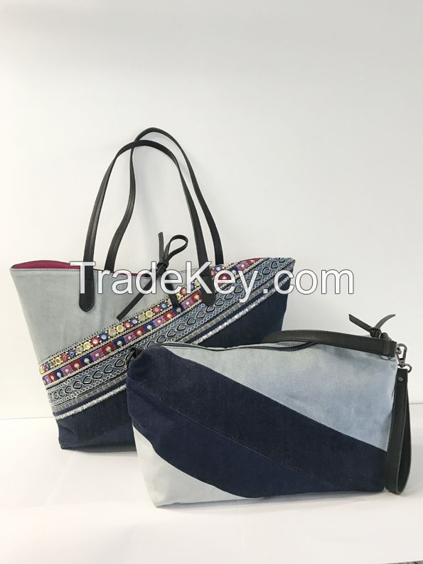 Joint-stitching patches denim handbag with shine