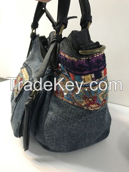 Embellished denim washed handbag