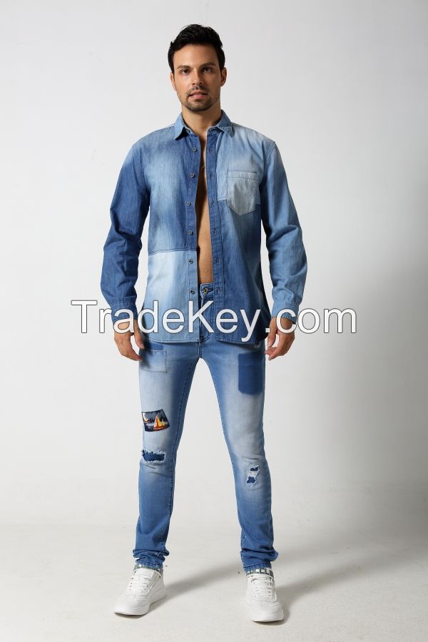 Men's double colors denim shirt with single pocket