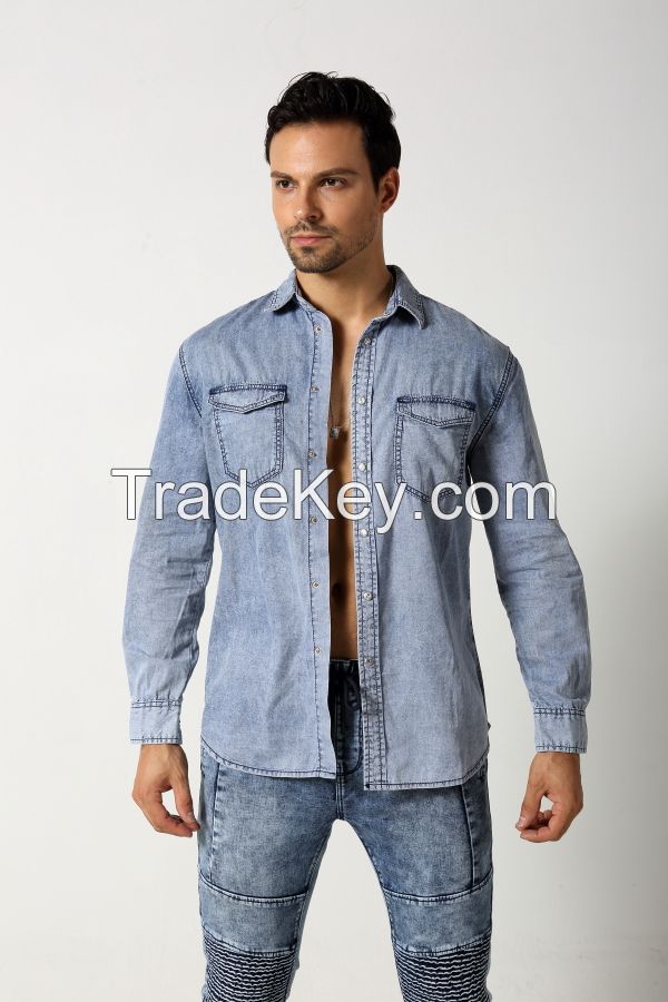 Men's fashion slim denim shirt with two pockets