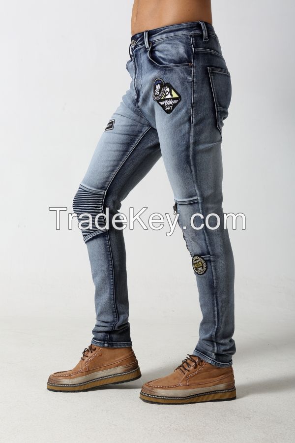 Men's Skinny biker jeans with zipper and patches