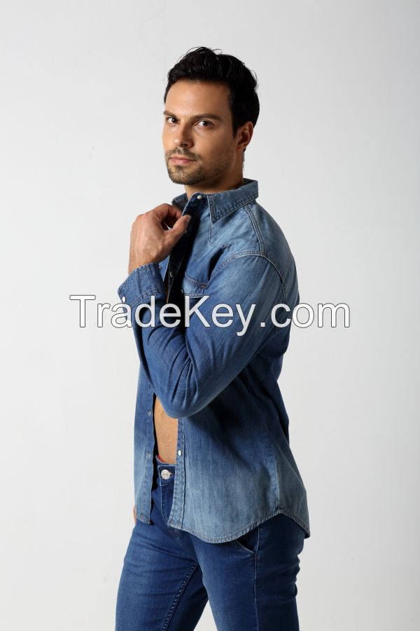 Men's middle blue slim denim shirt with two pocket