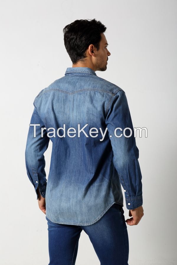 Men's middle blue slim denim shirt with two pocket