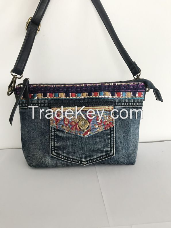 Embellished denim washed handbag